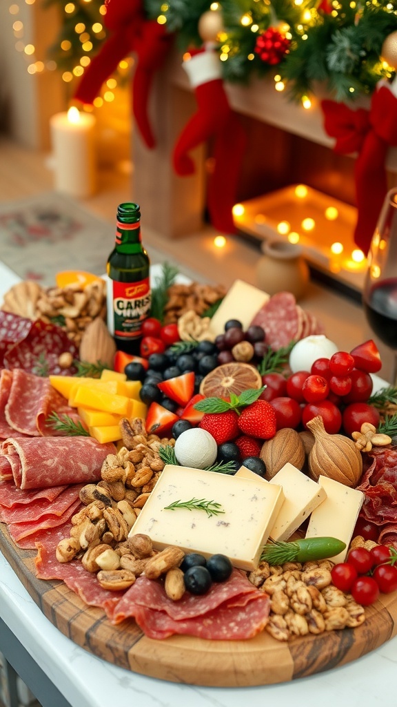 A festive charcuterie board with meats, cheeses, fruits, and nuts, decorated for Christmas.